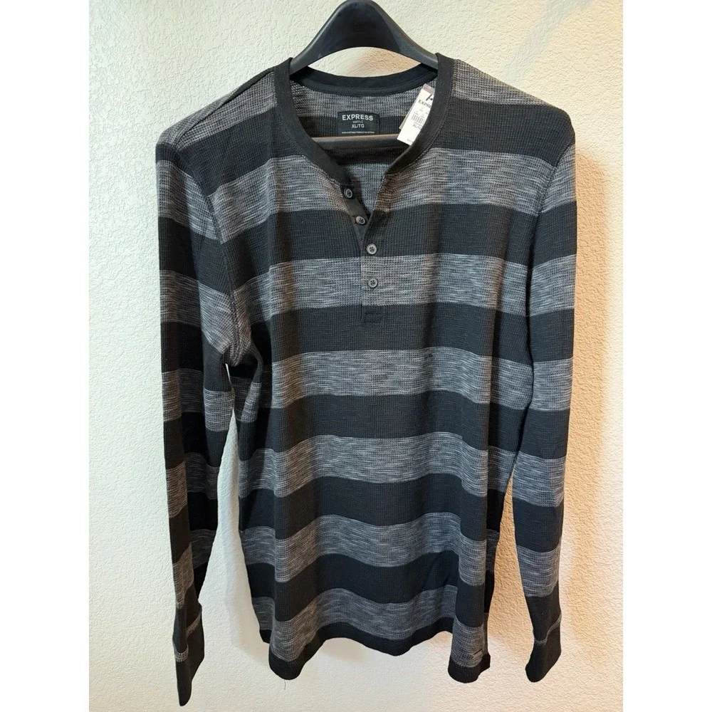 BRAND NEW- Express Waffle Knit Striped Henley Sweater Black Gray XL Long Sleeve‎